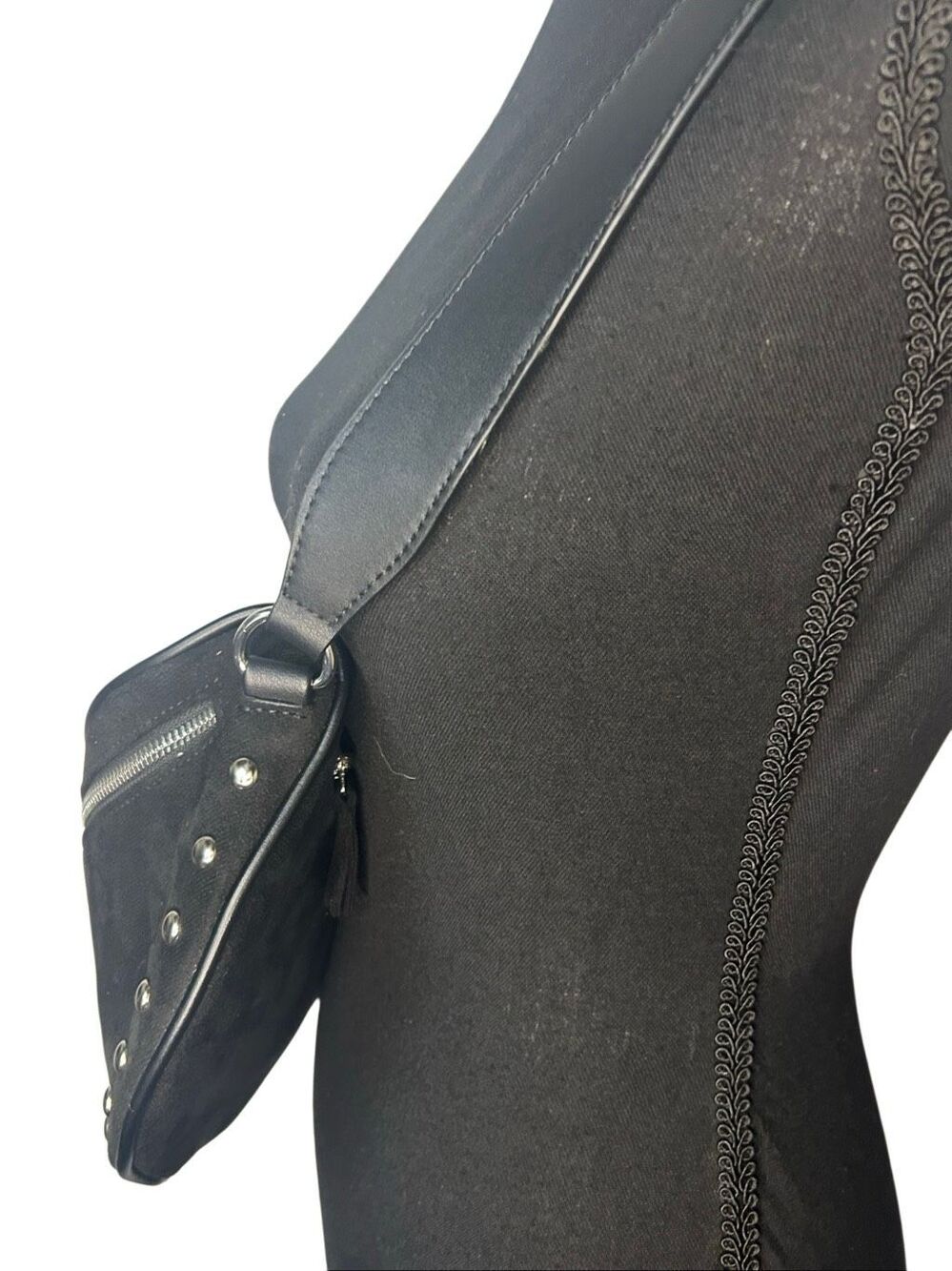 Ahdorned Black Vegan Faux Suede Studded Boho Belt Bag Crossbody Sling Purse - Picture 2 of 13
